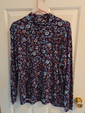 Lands' End Women's Floral Mock Neck Long Sleeve Top - Purple W/ Blue Flowers PXL